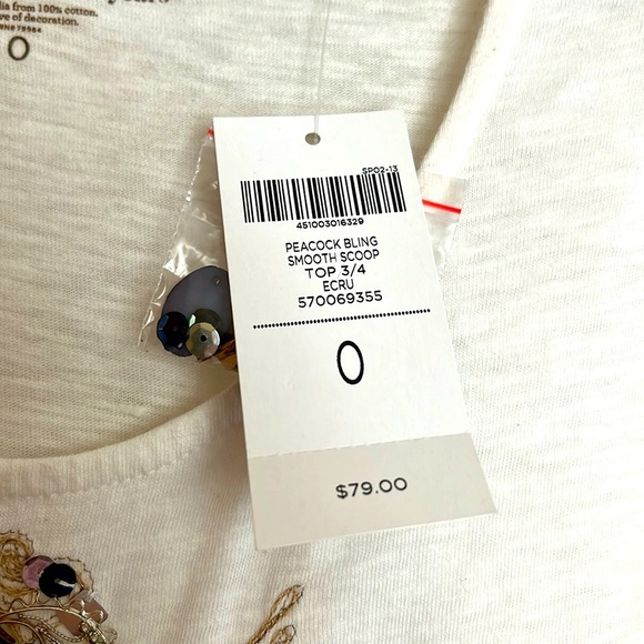 🆕 Chico’s Peacock Bling smooth scoop top, 3/4 sleeve in ecru - Picture 7 of 9